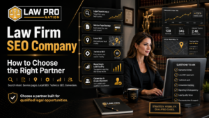 Law firm SEO company strategy meeting showing attorney keyword research, rankings dashboard, and legal lead generation planning