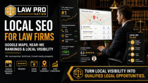 Local SEO for law firms dashboard showing Google Maps rankings, attorney reviews, and nearby legal search visibility