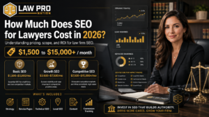 SEO for lawyers cost breakdown showing law firm SEO pricing, keyword rankings, and legal lead generation ROI
