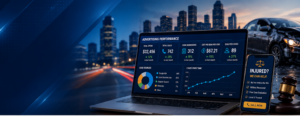Personal injury lawyer advertising dashboard showing PPC campaigns, accident lead tracking, intake response, and cost per qualified case