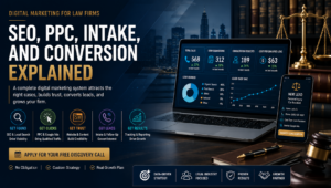 Digital marketing for law firms dashboard showing SEO, PPC, website conversion, intake tracking, and qualified legal lead generation
