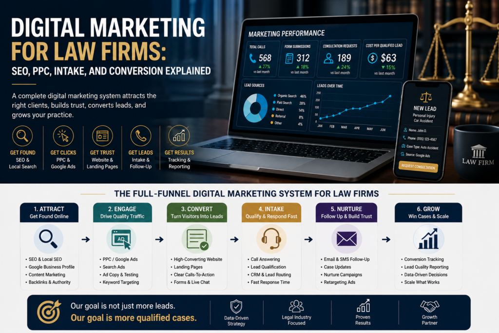 Digital marketing for law firms dashboard showing SEO, PPC, website conversion, intake tracking, and qualified legal lead generation