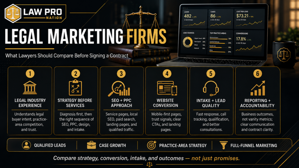 Legal marketing firms comparison showing law firm SEO, PPC, intake tracking, and qualified legal lead generation strategy