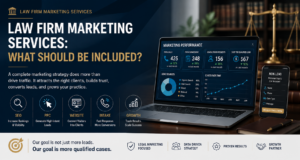 Law firm marketing services dashboard showing SEO, PPC, website conversion, intake tracking, and legal lead generation performance