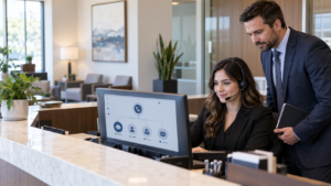 Intake staff reviewing an automated call-routing diagram at an office reception desk