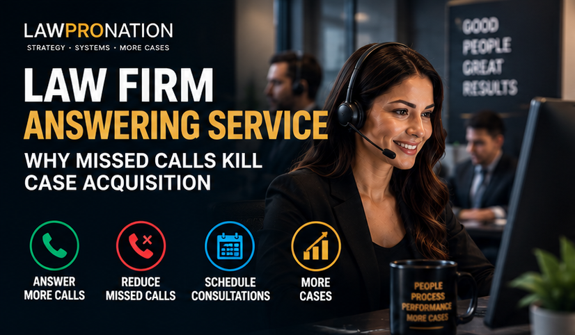 Law firm answering service dashboard showing answered calls, missed call recovery, intake routing, consultation scheduling, and qualified legal leads