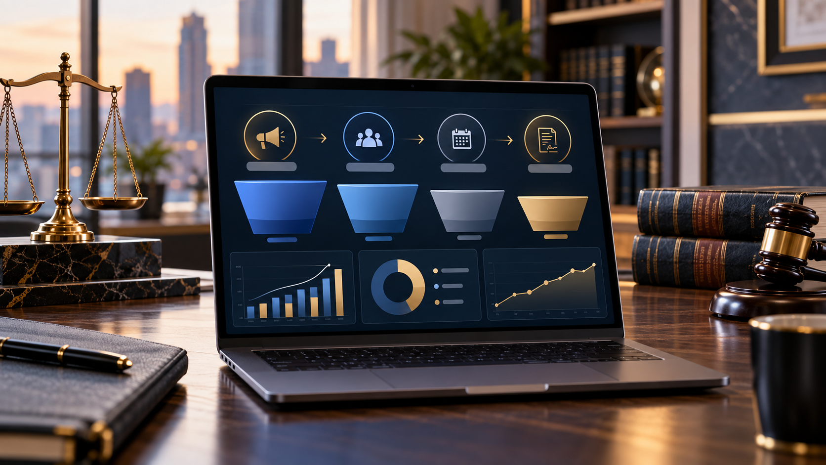 Law firm marketing dashboard displayed on a laptop