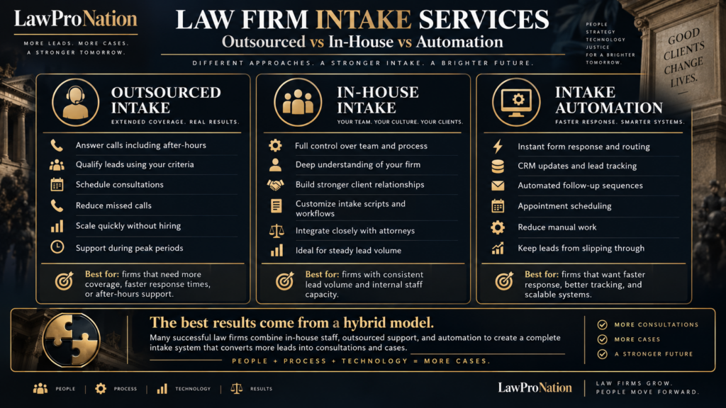 Law firm intake services comparison showing outsourced intake, in-house intake, automation, call tracking, and qualified lead conversion