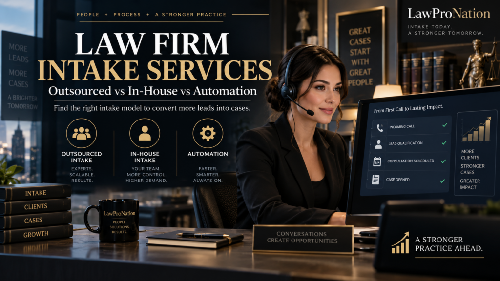 Law firm intake services comparison showing outsourced intake, in-house intake, automation, call tracking, and qualified lead conversion