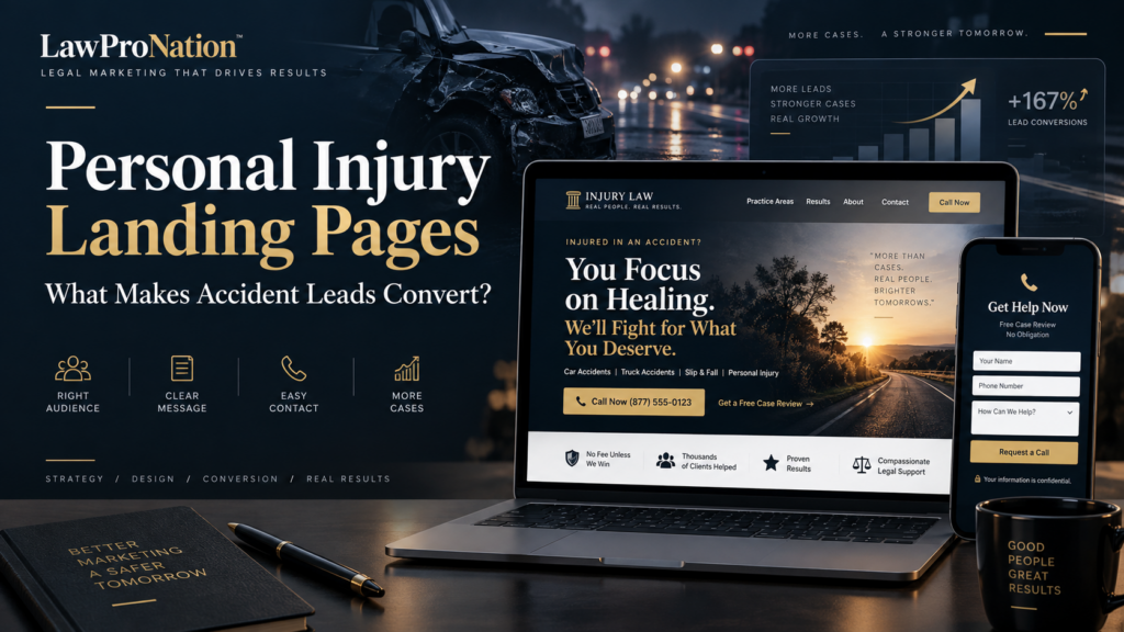 Personal injury landing page design showing accident lead tracking, case evaluation forms, phone calls, and qualified PI lead conversion
