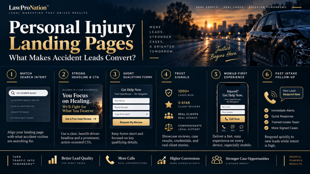 Personal injury landing page design showing accident lead tracking, case evaluation forms, phone calls, and qualified PI lead conversion