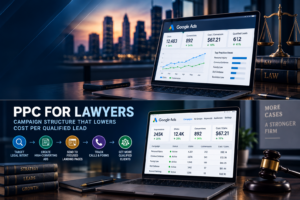 PPC for lawyers dashboard showing campaign structure, legal keyword targeting, landing pages, intake tracking, and cost per qualified lead