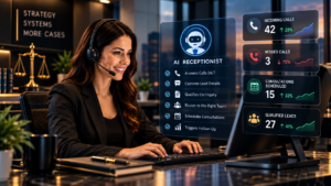 AI receptionist for law firms dashboard showing intake response time, missed call recovery, lead routing, and consultation scheduling
