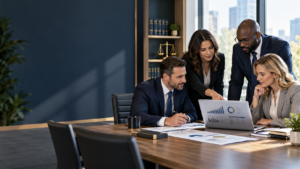 Law firm leaders reviewing a marketing budget across SEO, paid search, intake, and signed-case reporting