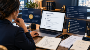 Legal marketing workspace prepared for a law firm SEO content brief