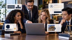 Law firm team reviewing website accessibility for keyboard navigation, contrast, forms, and alternative text