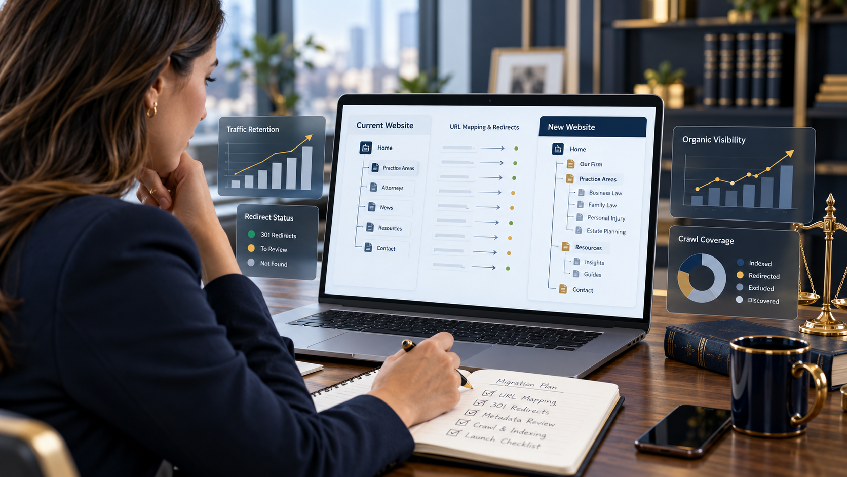 Legal marketing team reviewing a law firm website migration SEO plan