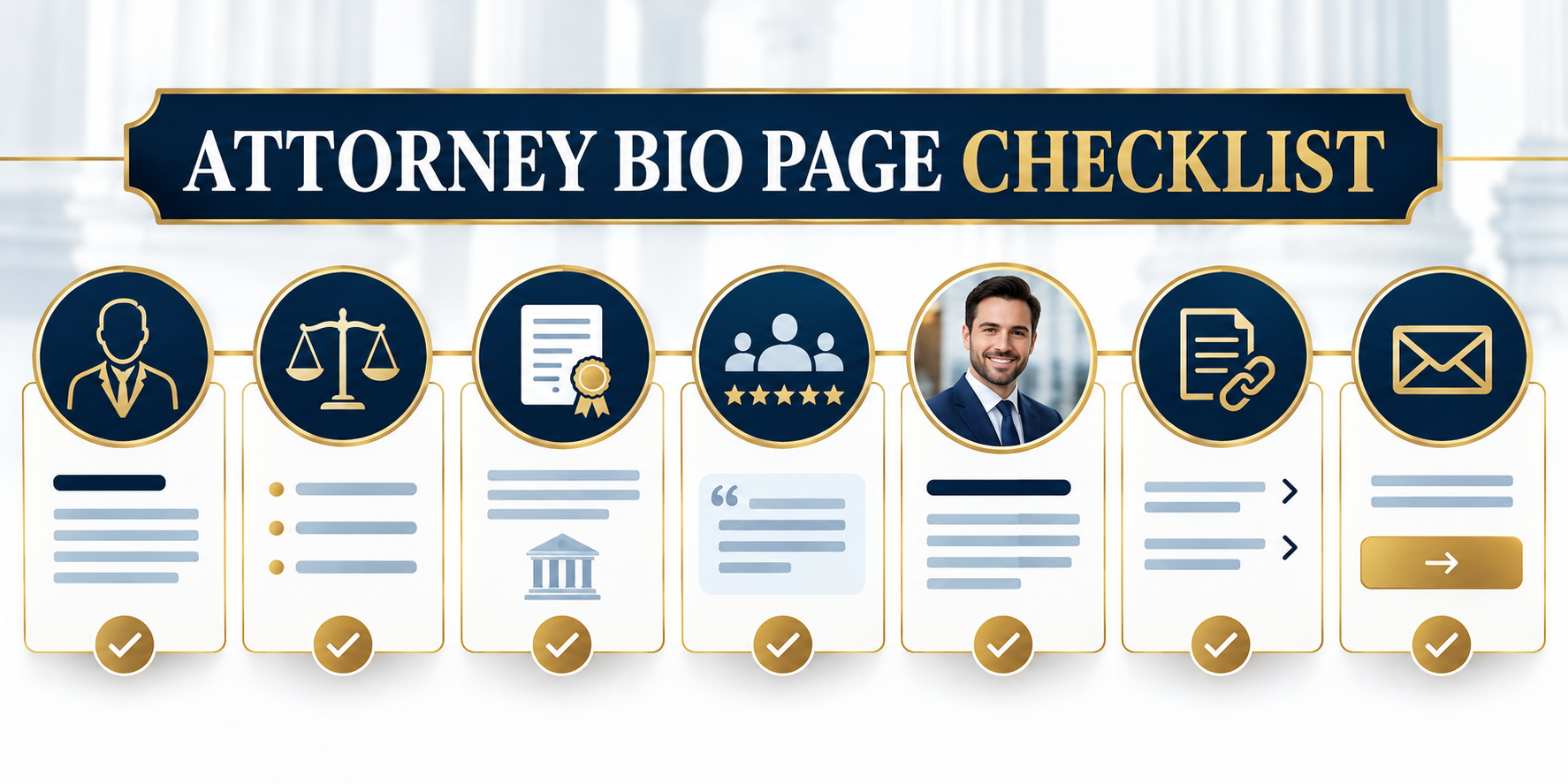 Visual attorney bio page checklist covering credibility, credentials, imagery, links, and contact options