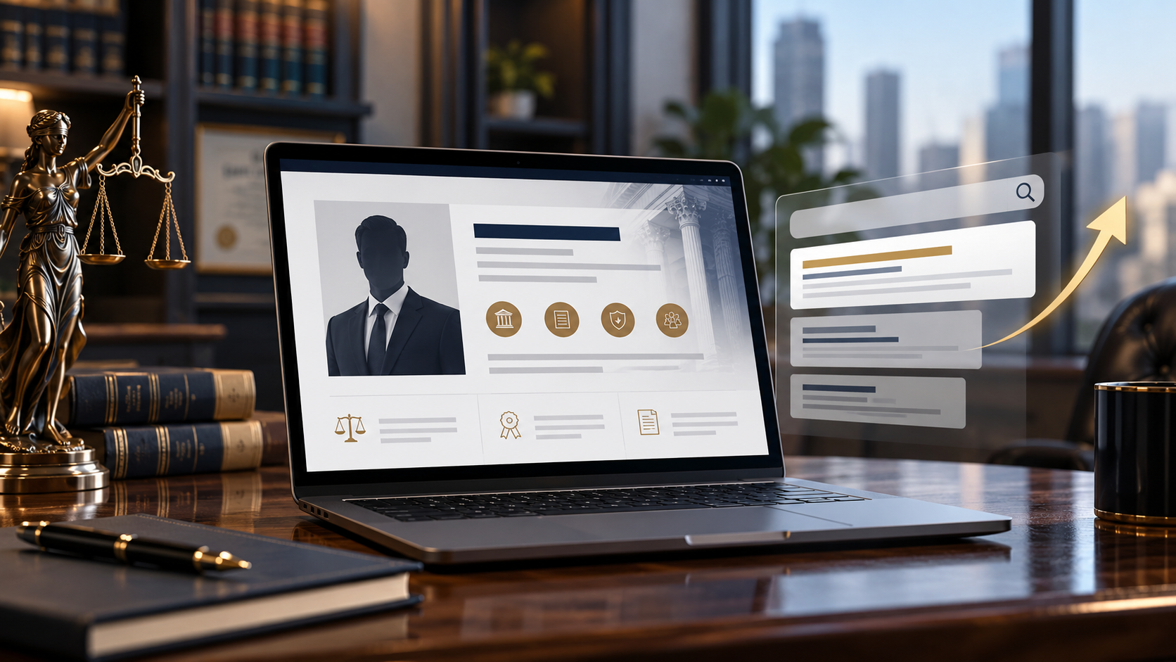 Attorney profile page displayed on a laptop in a professional law office